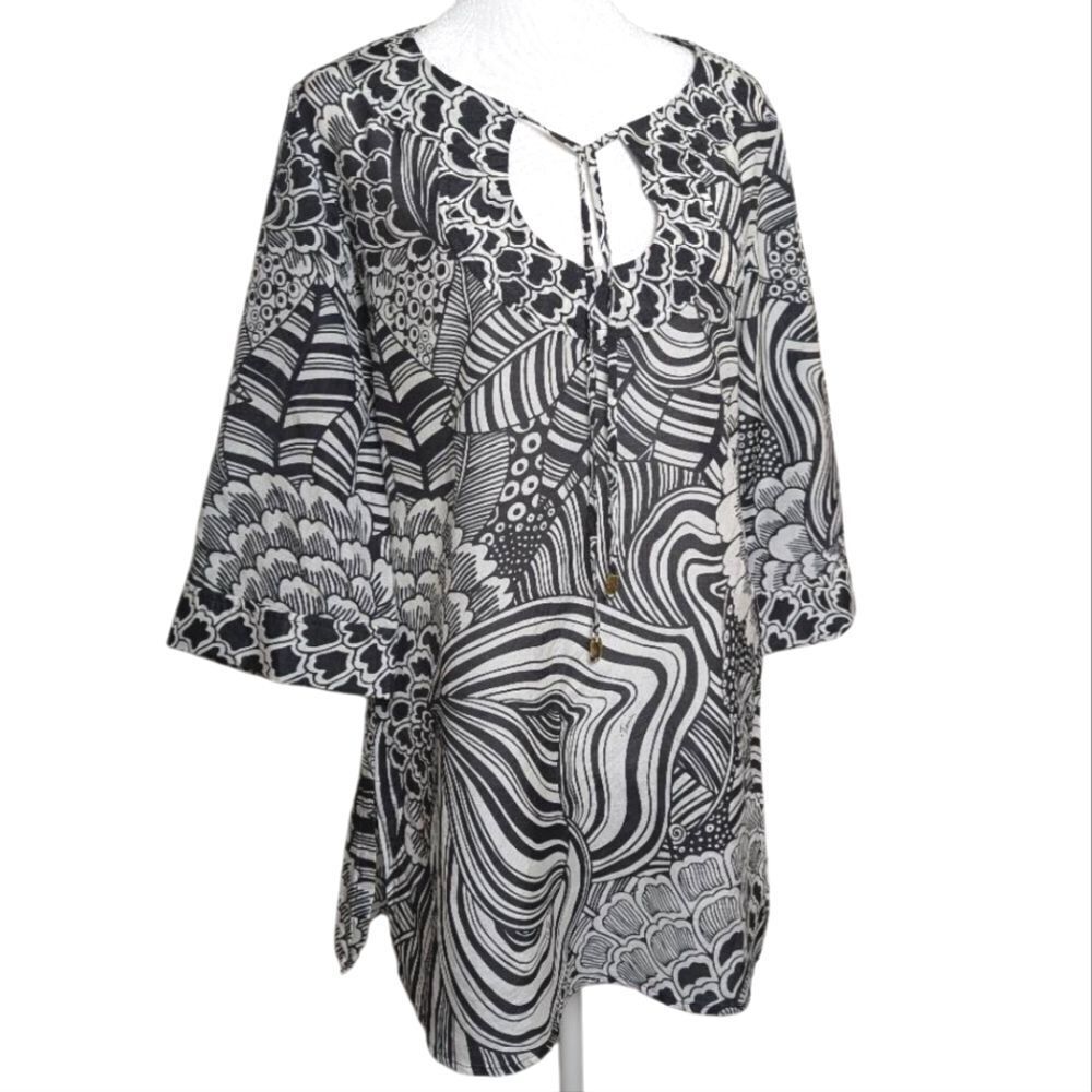 Trina Turk Black & White Silk Cotton Abstract Tropical Pattern Tunic Top S